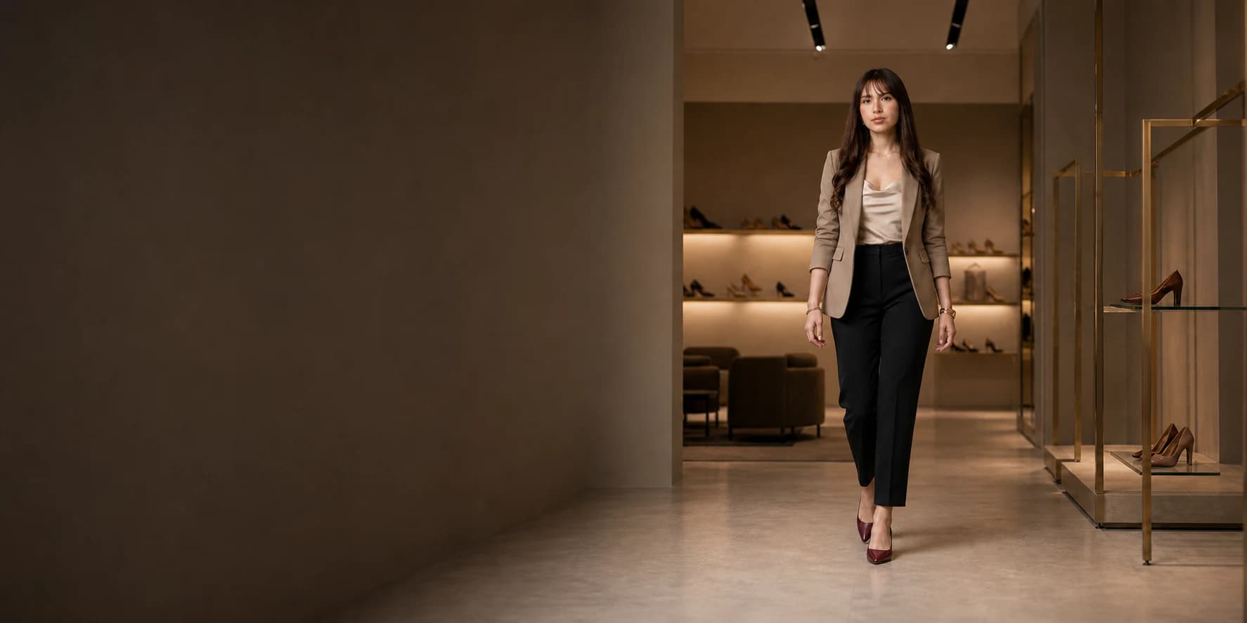 Modelo BAILATTO caminhando com scarpin vinho em uma boutique